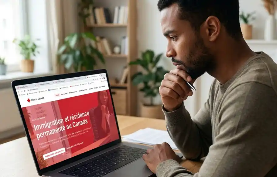 Candidat à l'immigration comparant plusieurs voies vers la résidence permanente au Canada sur ordinateur