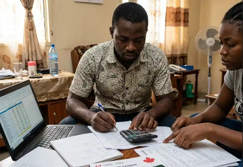 candidat avec calculatrice et documents pour établir son budget d'immigration