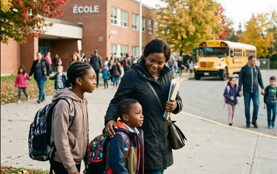 Des enfants et parents dans une école primaire au Canada