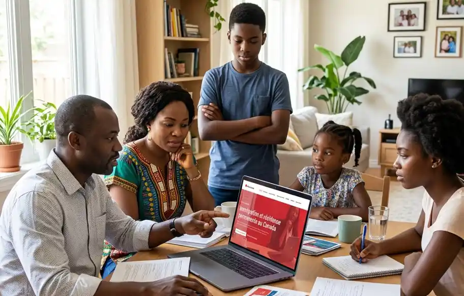 Famille camerounaise étudiant les voies d'immigration vers la résidence permanente au Canada