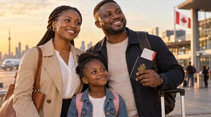 Famille souriante qui projette de s'installer au Canada après avoir préparé sa demande d'immigration