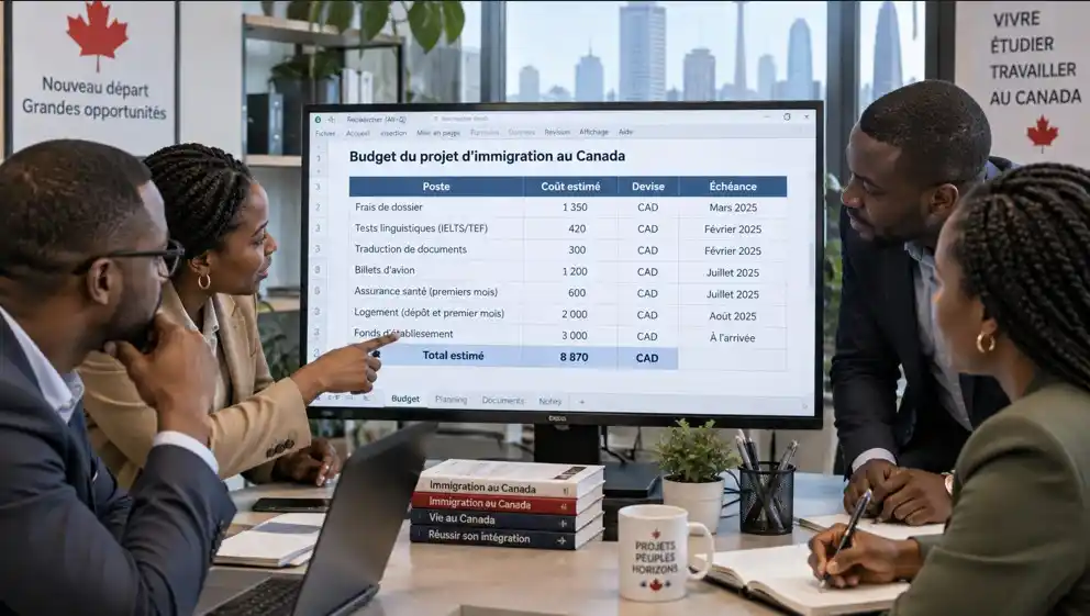 tableau de budget d'un projet d'immigration au Canada avec postes de dépenses