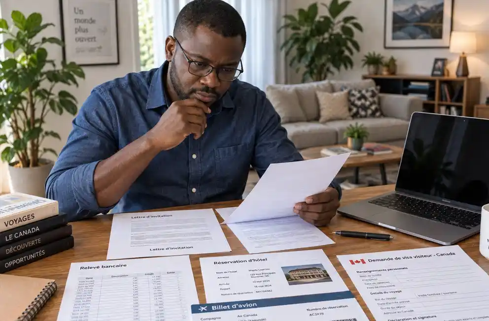 voyageur camerounais vérifiant les documents de sa demande de visa visiteur pour le Canada 